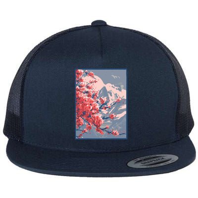 Japanese Cherry Blossom Mountain Flat Bill Trucker Hat