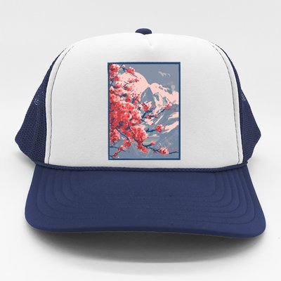 Japanese Cherry Blossom Mountain Trucker Hat