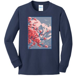 Japanese Cherry Blossom Mountain Kids Long Sleeve Shirt