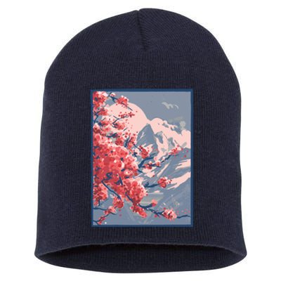 Japanese Cherry Blossom Mountain Short Acrylic Beanie