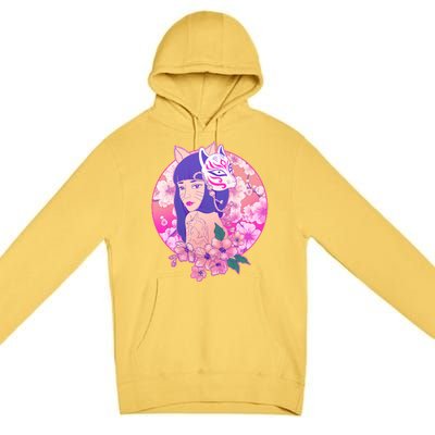 Japanese Cherry Blossoms Kitsune Fox Girl Premium Pullover Hoodie