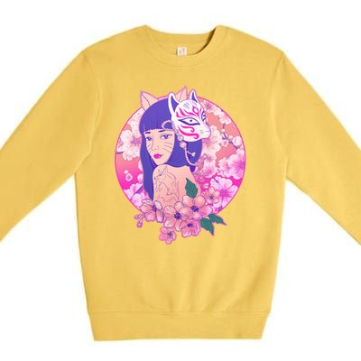 Japanese Cherry Blossoms Kitsune Fox Girl Premium Crewneck Sweatshirt