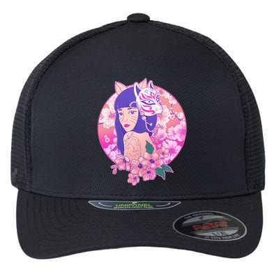 Japanese Cherry Blossoms Kitsune Fox Girl Flexfit Unipanel Trucker Cap