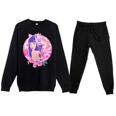 Japanese Cherry Blossoms Kitsune Fox Girl Premium Crewneck Sweatsuit Set