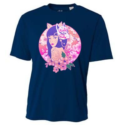 Japanese Cherry Blossoms Kitsune Fox Girl Cooling Performance Crew T-Shirt