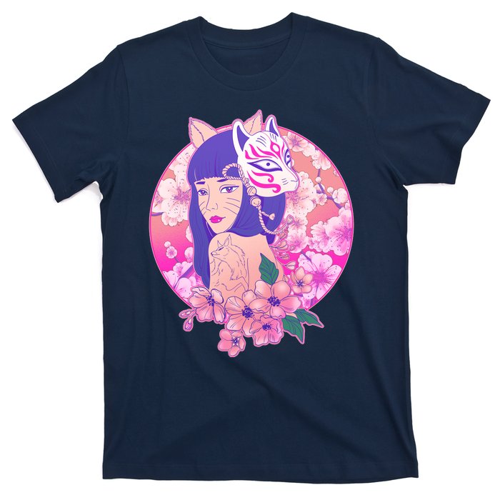 Japanese Cherry Blossoms Kitsune Fox Girl T-Shirt