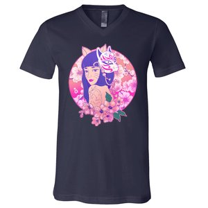 Japanese Cherry Blossoms Kitsune Fox Girl V-Neck T-Shirt