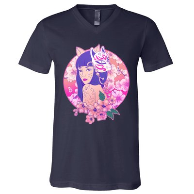 Japanese Cherry Blossoms Kitsune Fox Girl V-Neck T-Shirt