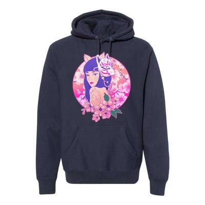 Japanese Cherry Blossoms Kitsune Fox Girl Premium Hoodie