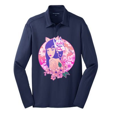 Japanese Cherry Blossoms Kitsune Fox Girl Silk Touch Performance Long Sleeve Polo