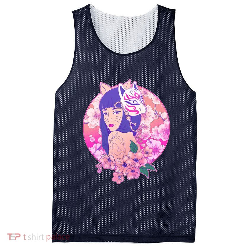 Japanese Cherry Blossoms Kitsune Fox Girl Mesh Reversible Basketball Jersey Tank