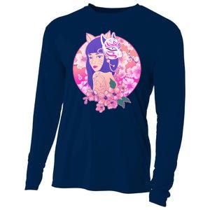 Japanese Cherry Blossoms Kitsune Fox Girl Cooling Performance Long Sleeve Crew