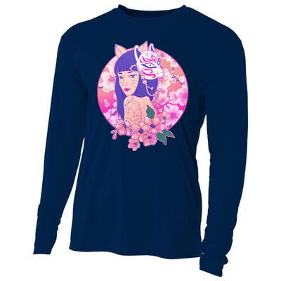 Japanese Cherry Blossoms Kitsune Fox Girl Cooling Performance Long Sleeve Crew