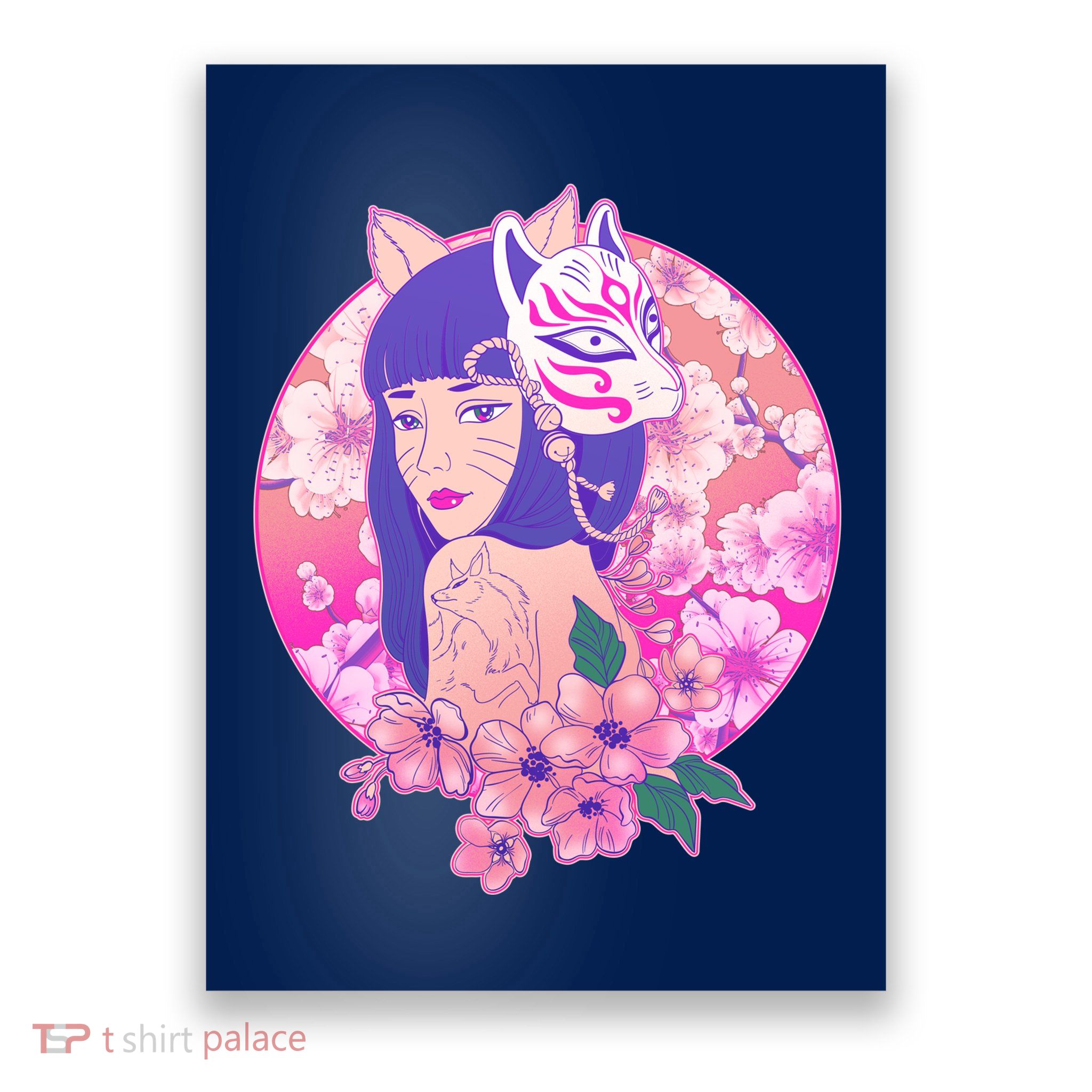 Japanese Cherry Blossoms Kitsune Fox Girl Poster