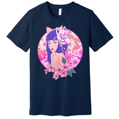 Japanese Cherry Blossoms Kitsune Fox Girl Premium T-Shirt