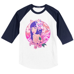 Japanese Cherry Blossoms Kitsune Fox Girl Baseball Sleeve Shirt