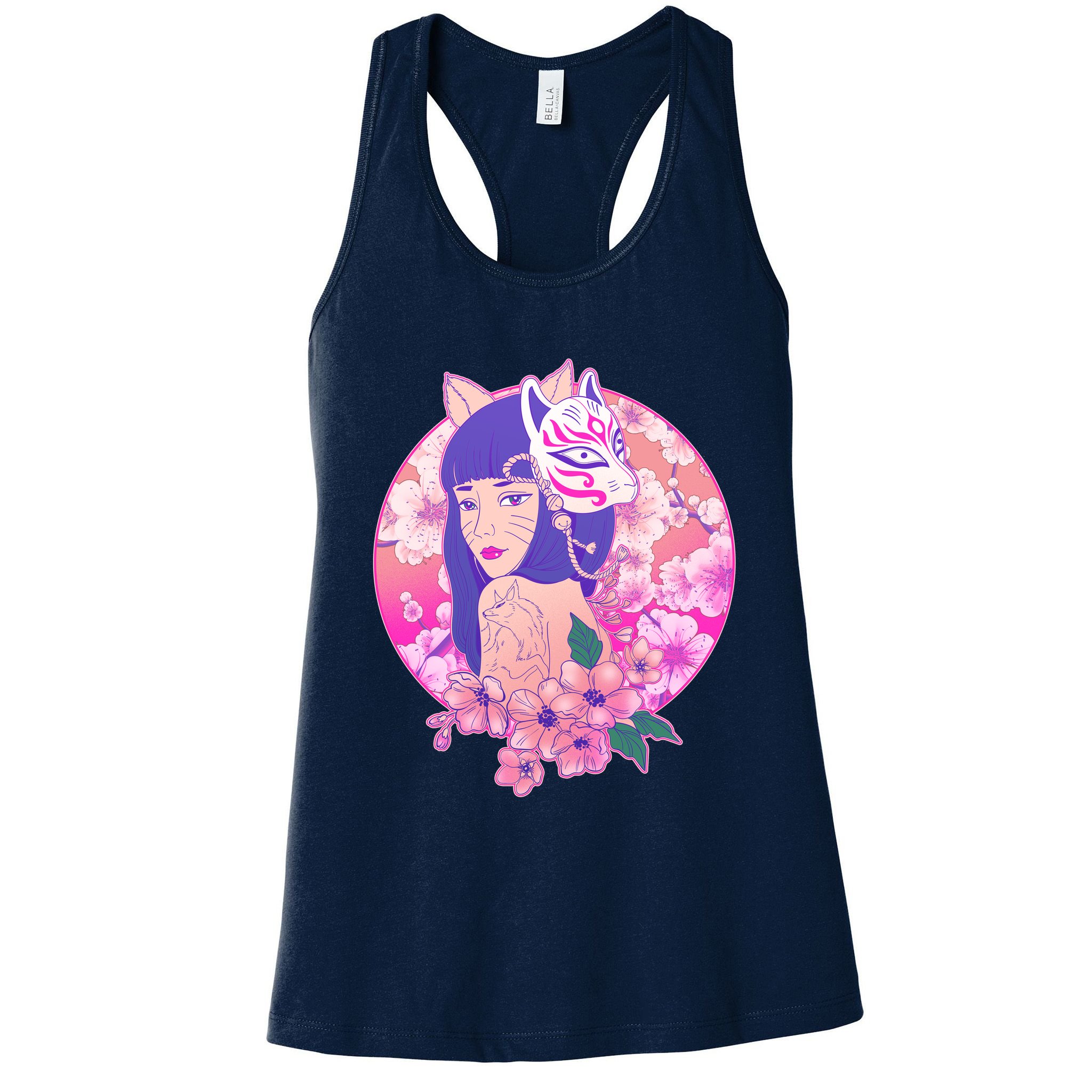 Japanese Cherry Blossoms Kitsune Fox Girl Womens Tank Top