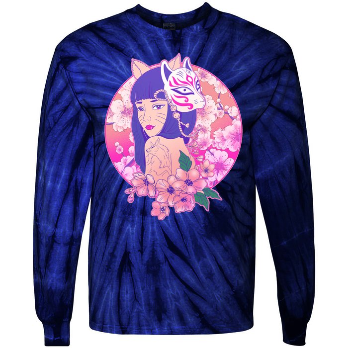 Japanese Cherry Blossoms Kitsune Fox Girl Tie-Dye Long Sleeve Shirt