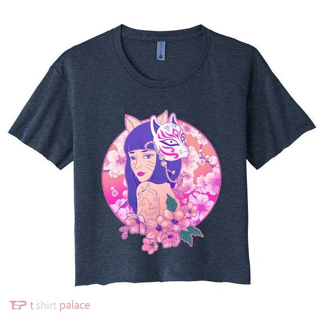 Japanese Cherry Blossoms Kitsune Fox Girl Crop Top