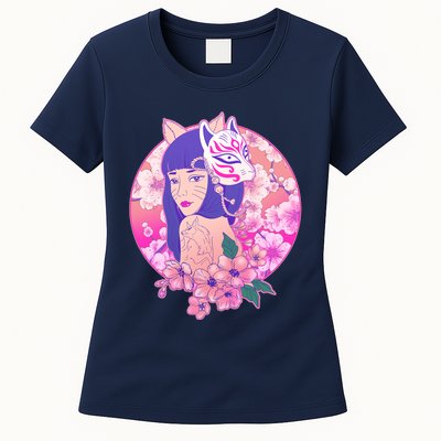 Japanese Cherry Blossoms Kitsune Fox Girl Womens T-Shirt