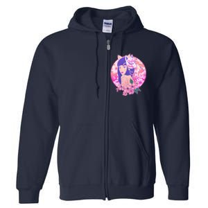 Japanese Cherry Blossoms Kitsune Fox Girl Full Zip Hoodie