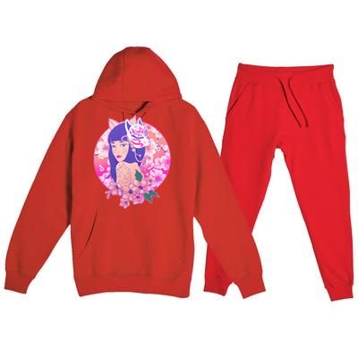 Japanese Cherry Blossoms Kitsune Fox Girl Premium Hooded Sweatsuit Set