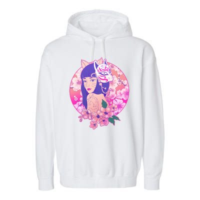 Japanese Cherry Blossoms Kitsune Fox Girl Garment-Dyed Fleece Hoodie