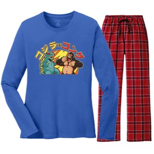 Japanese God-zilla Verse Kong Retro Women's Long Sleeve Flannel Pajama Set 