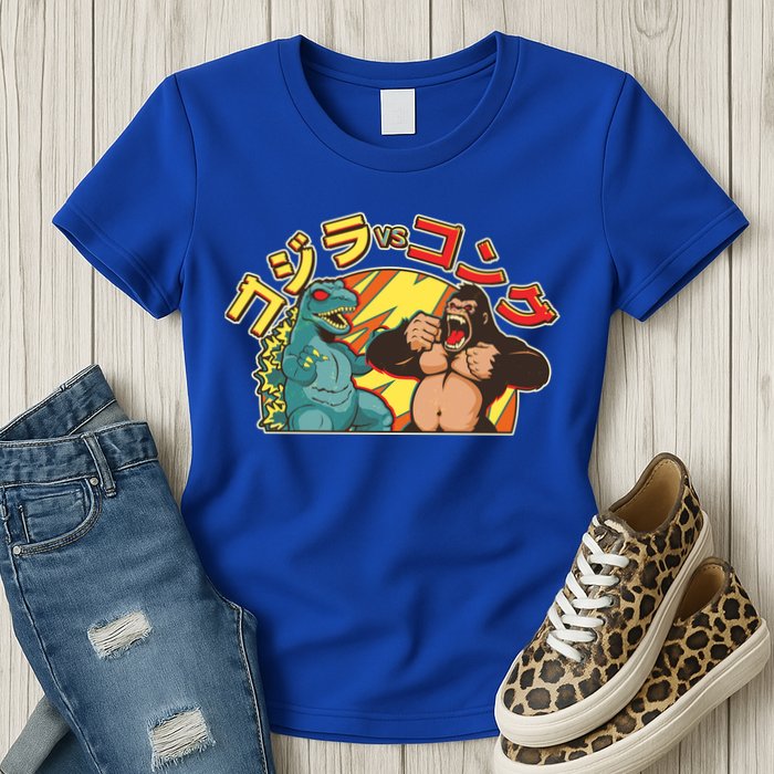 Japanese God-zilla Verse Kong Retro Womens T-Shirt
