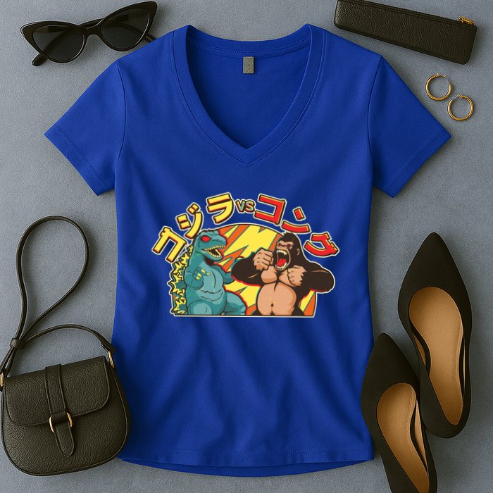 Japanese Zilla Verse Kong Retro Monster Women's V-Neck T-Shirt