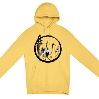 Japanese Ink Painting Cranes Bamboo Birds Premium Pullover Hoodie