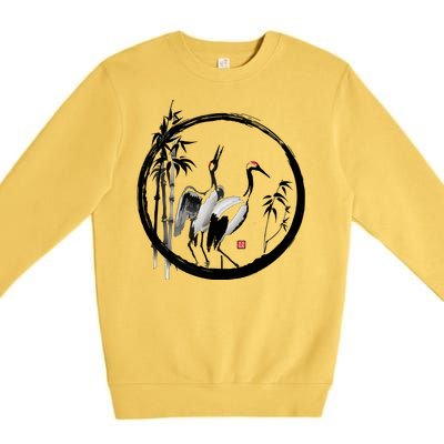 Japanese Ink Painting Cranes Bamboo Birds Premium Crewneck Sweatshirt