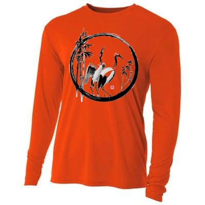 Japanese Ink Painting Cranes Bamboo Birds Cooling Performance Long Sleeve Crew