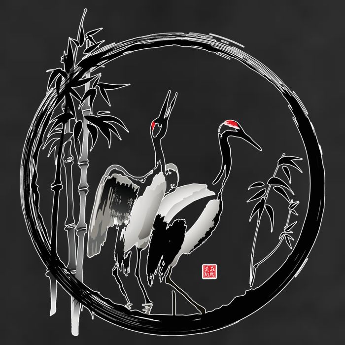 Japanese Ink Painting Cranes Bamboo Birds 7 Panel Mesh Trucker Snapback Hat