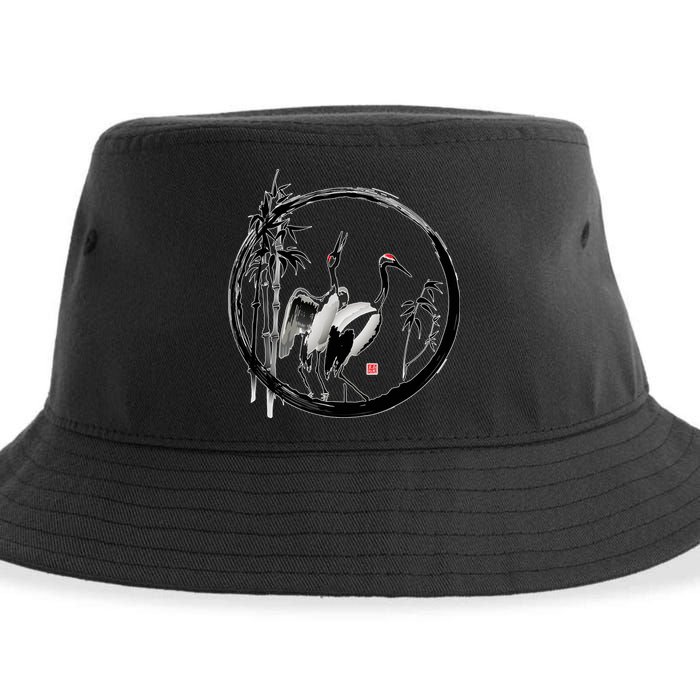 Japanese Ink Painting Cranes Bamboo Birds Sustainable Bucket Hat