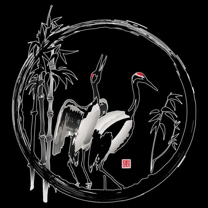 Japanese Ink Painting Cranes Bamboo Birds Sustainable Bucket Hat