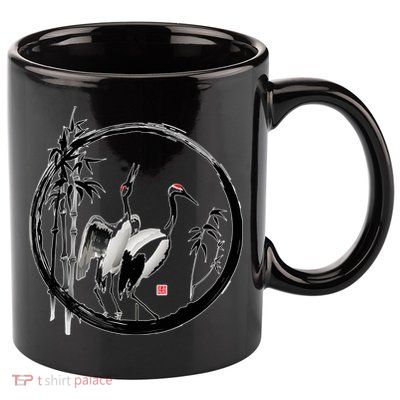 Japanese Ink Painting Cranes Bamboo Birds 11oz C Handle Ceramic Mug