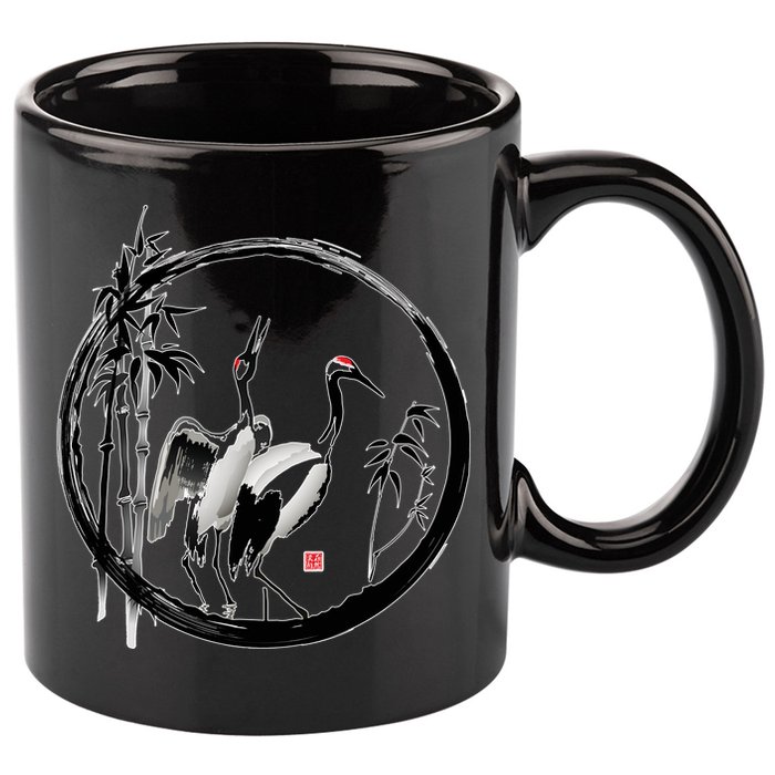 Japanese Ink Painting Cranes Bamboo Birds 11oz C Handle Ceramic Mug