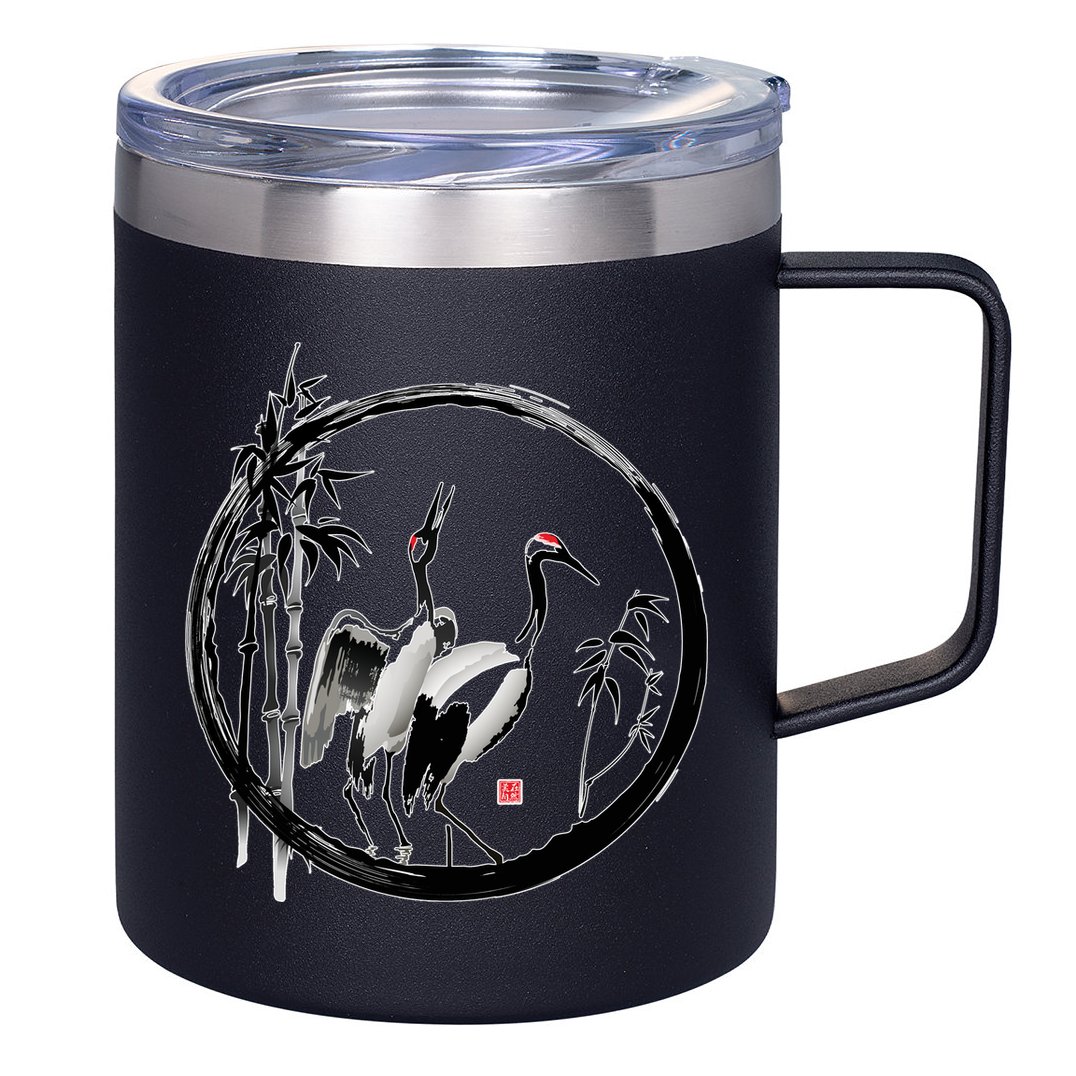 Japanese Ink Painting Cranes Bamboo Birds 12oz Stainless Steel Coffee Mug