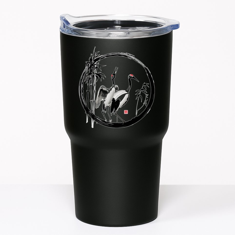 Japanese Ink Painting Cranes Bamboo Birds Tumbler