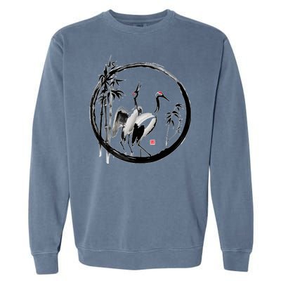 Japanese Ink Painting Cranes Bamboo Birds Garment-Dyed Sweatshirt