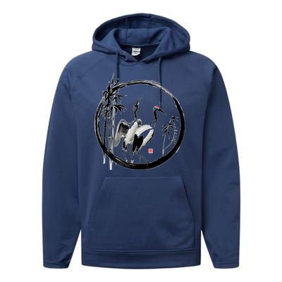 Japanese Ink Painting Cranes Bamboo Birds Performance Fleece Hoodie