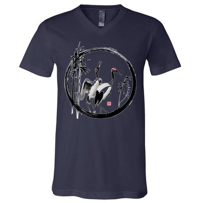 Japanese Ink Painting Cranes Bamboo Birds V-Neck T-Shirt