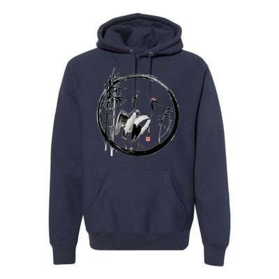 Japanese Ink Painting Cranes Bamboo Birds Premium Hoodie