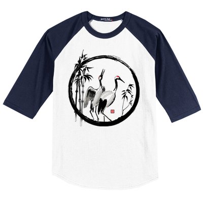 Japanese Ink Painting Cranes Bamboo Birds Baseball Sleeve Shirt