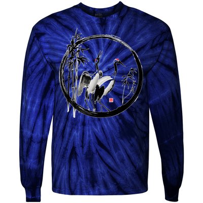 Japanese Ink Painting Cranes Bamboo Birds Tie-Dye Long Sleeve Shirt