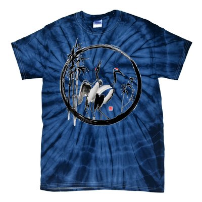 Japanese Ink Painting Cranes Bamboo Birds Tie-Dye T-Shirt