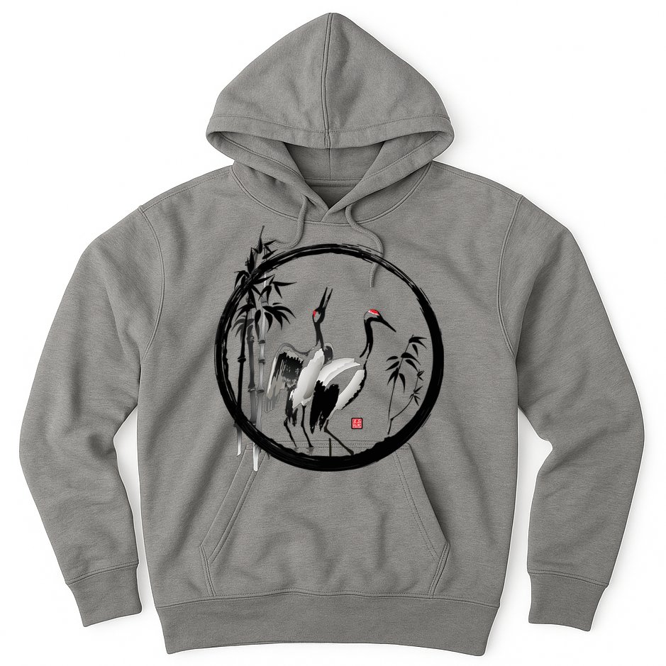 Japanese Ink Painting Cranes Bamboo Birds Hoodie