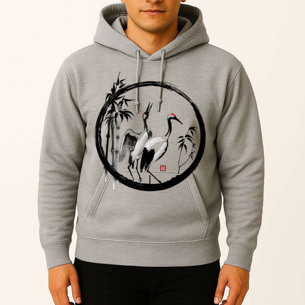 Japanese Ink Painting Cranes Bamboo Birds Hoodie