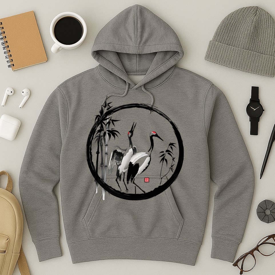 Japanese Ink Painting Cranes Bamboo Birds Hoodie